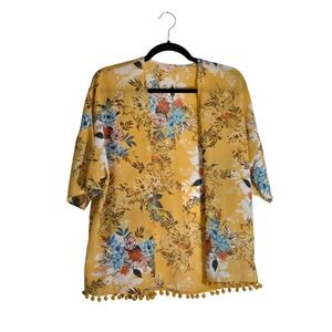 GB Girls Yellow Floral Open Front Kimono with Pom Pom Trim Size Large